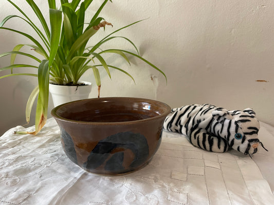 Brown Bowl with Dark Blue Spiral