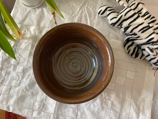 Brown Bowl with Dark Blue Spiral